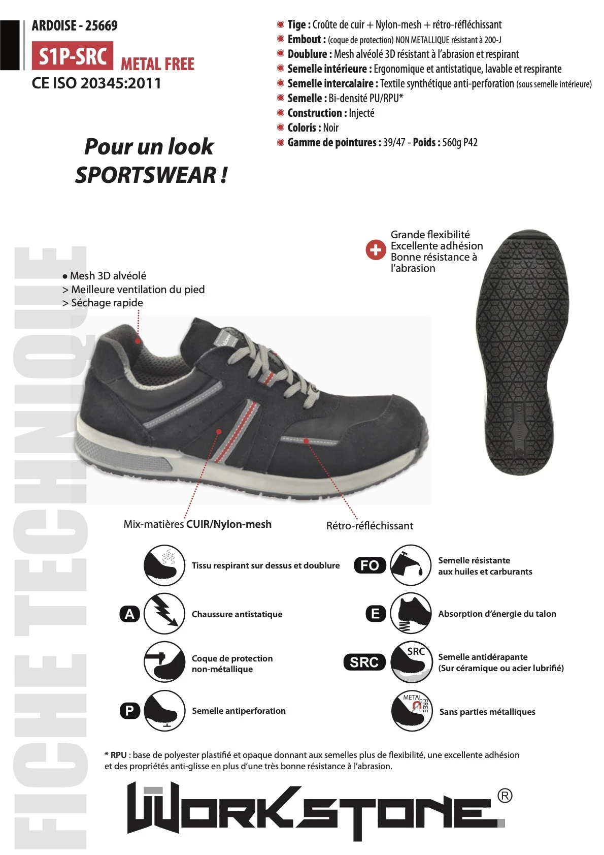CHAUSSURE SECURITE ARDOISE NOIR T42 - WORKSTONE 3 CHAUSSURE SECURITE ARDOISE NOIR T42 - WORKSTONE – Image 3