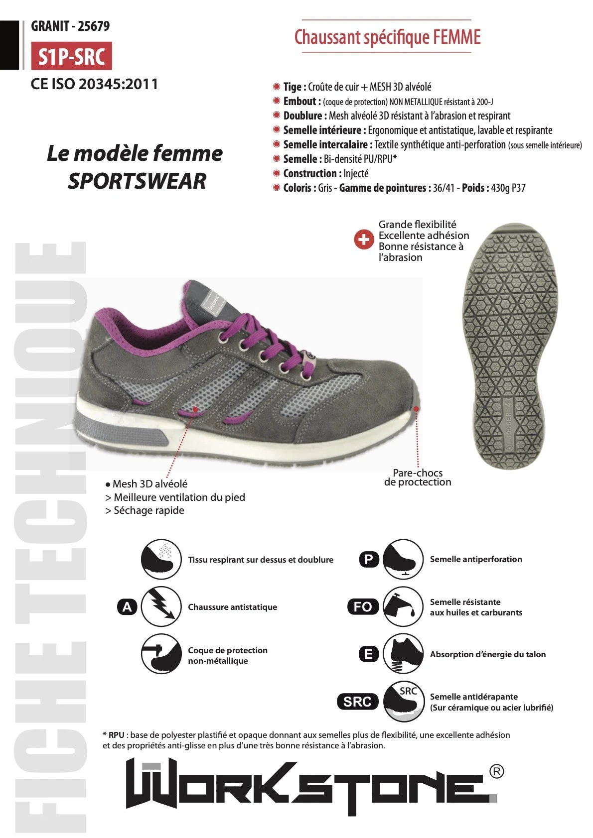 CHAUSSURE SECURITE GRANIT GRIS T38 - WORKSTONE 4 CHAUSSURE SECURITE GRANIT GRIS T38 - WORKSTONE – Image 4